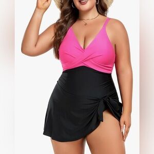 Women Plus Size Swim Dress Tummy Control One Piece Swimsuit V Neck Wrap Full 3X